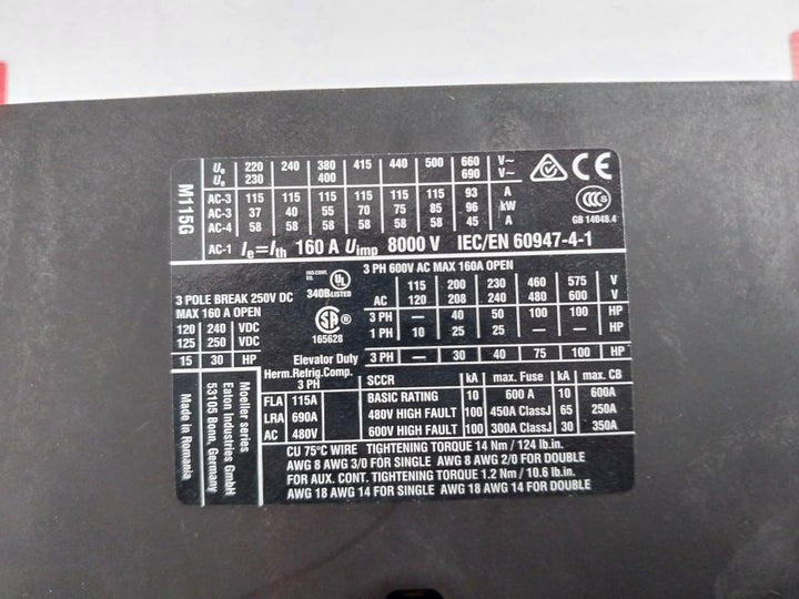 Eaton Xtce115G Contactor 55Kw/ 400V Ac Operated Dilm115 (Rac240)