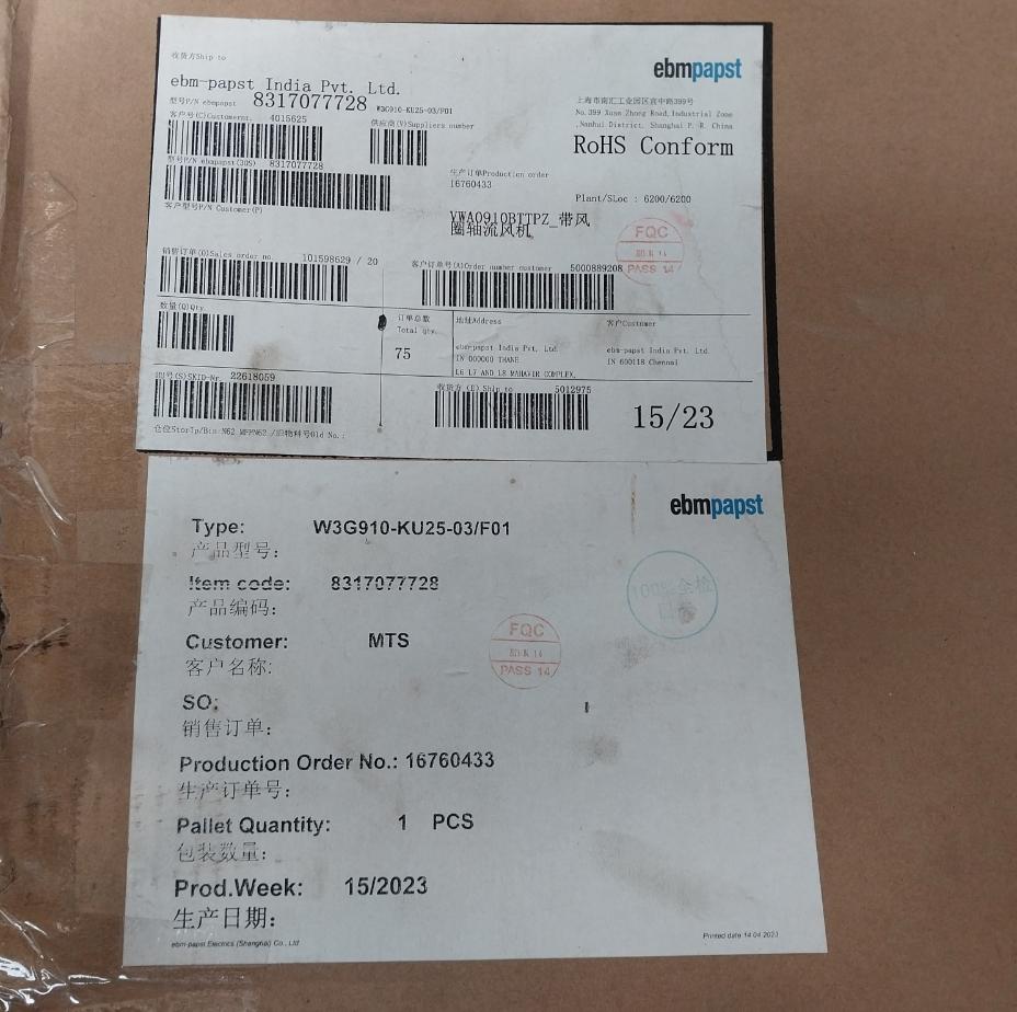 Ebm-papst W3G910-ku25-03/F01 50/60Hz 380-480Vac Flow Fan W/ Air Coil
