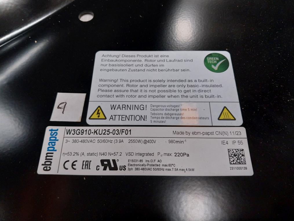 Axial Cooling Fan 50/60Hz 3.9A 2550W Brand Ebm-papst W3G910-ku25-03/F01