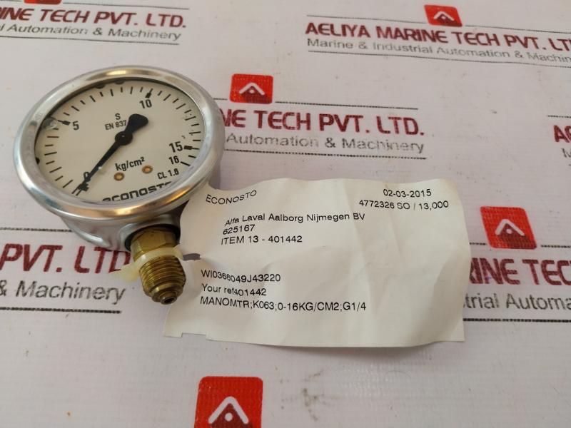 Econosto 4130990/08 Pressure Gauge 0-16 Kg/Cm2 Cl 1.6 625167 13-401442