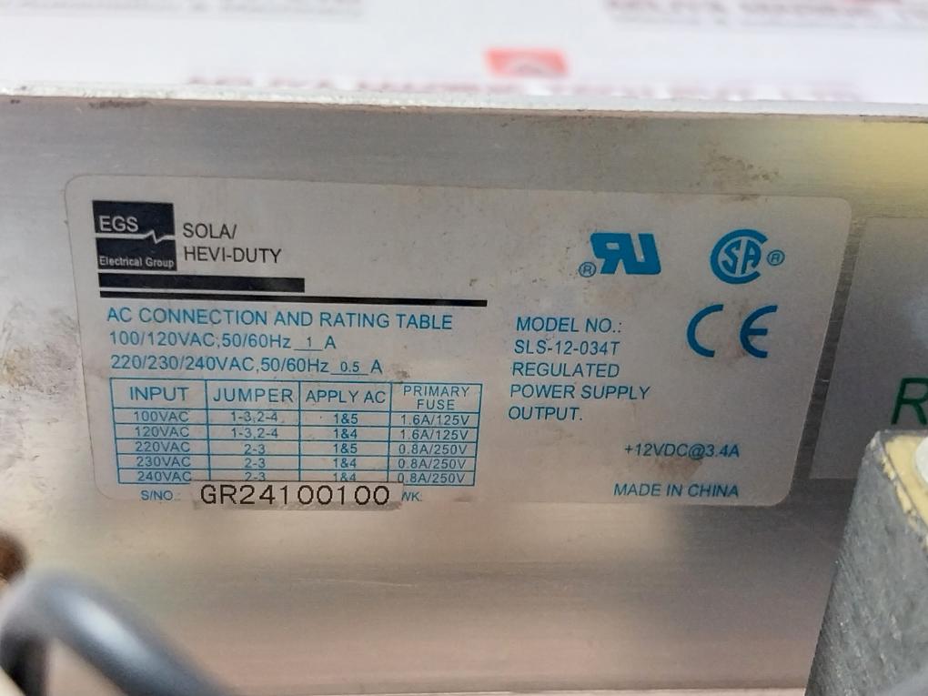 Egs Sls-12-034T Regulated Power Supply 100/120Vac 50/60Hz 1A