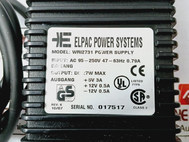 Elpac Power Systems Wri2731 Power Supply With Power Cord 27W Max Ac 95-250V 0.79
