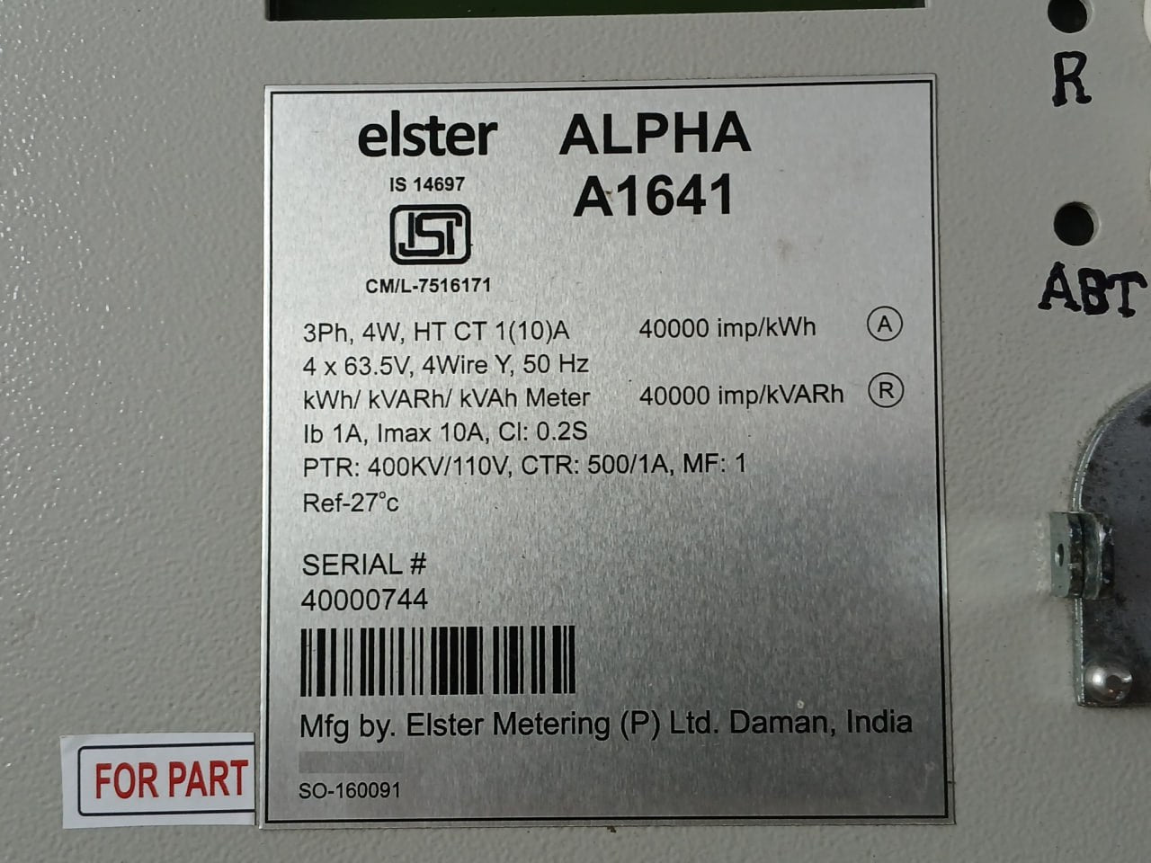 Elster Alpha A1641 Electronic Meter 40000Imp 400Kv/110V Ref-27C