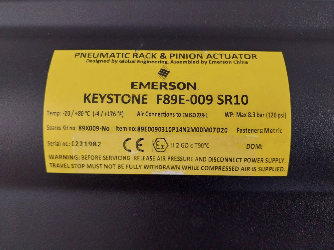 Emerson F89E-009 Sr10 Pneumatic Rack And Pinion Actuator 8.3 Bar (120 Psi) 230V