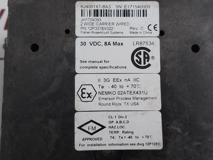 Emerson Kj4001X1-ba3 2-wide Carrier Controller W/Red 30 Vdc 8A Max 12P3378X022