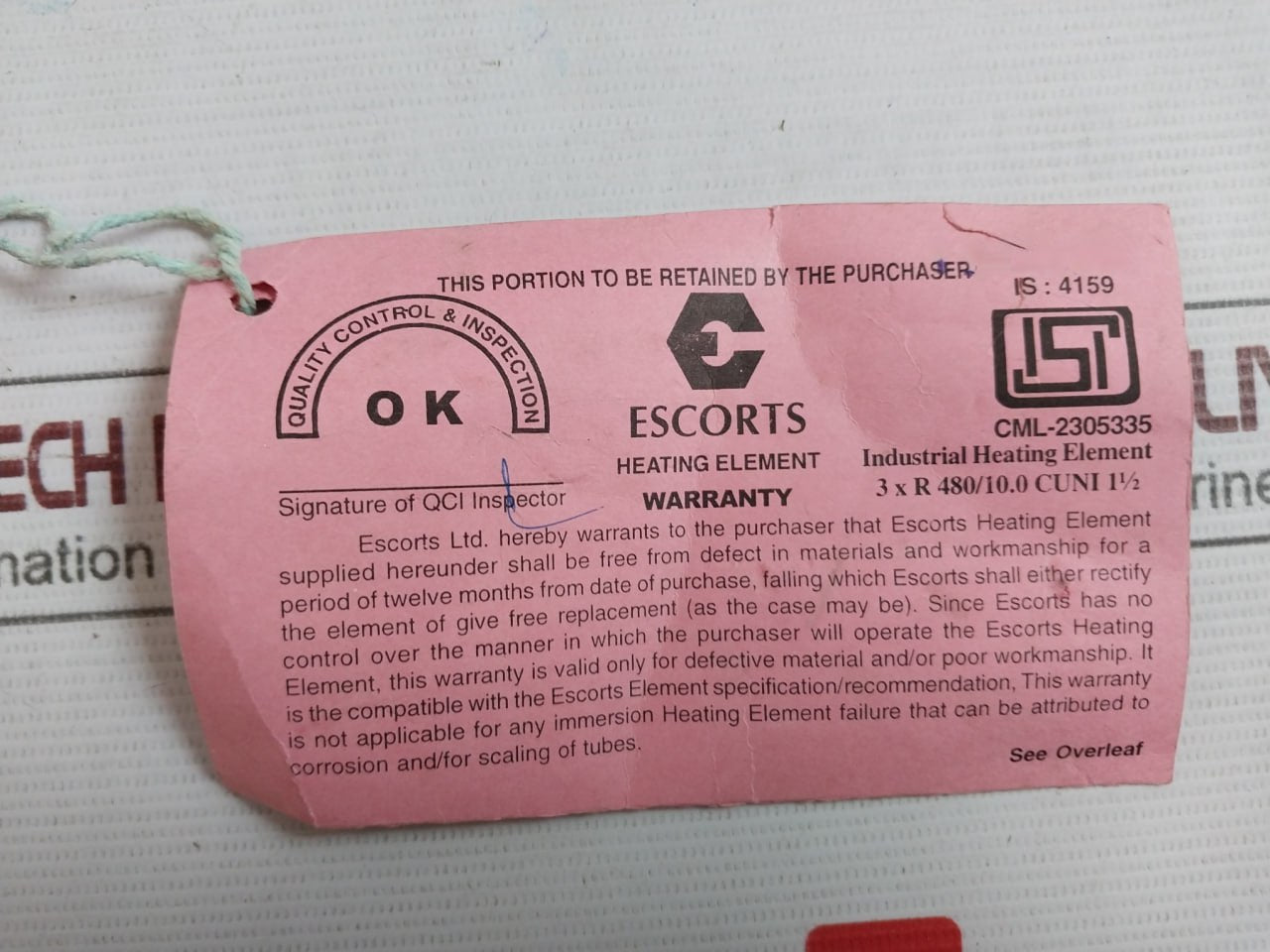 Escorts Ihcus 30/22 Industrial Water Immersion Heating Element 230Vac