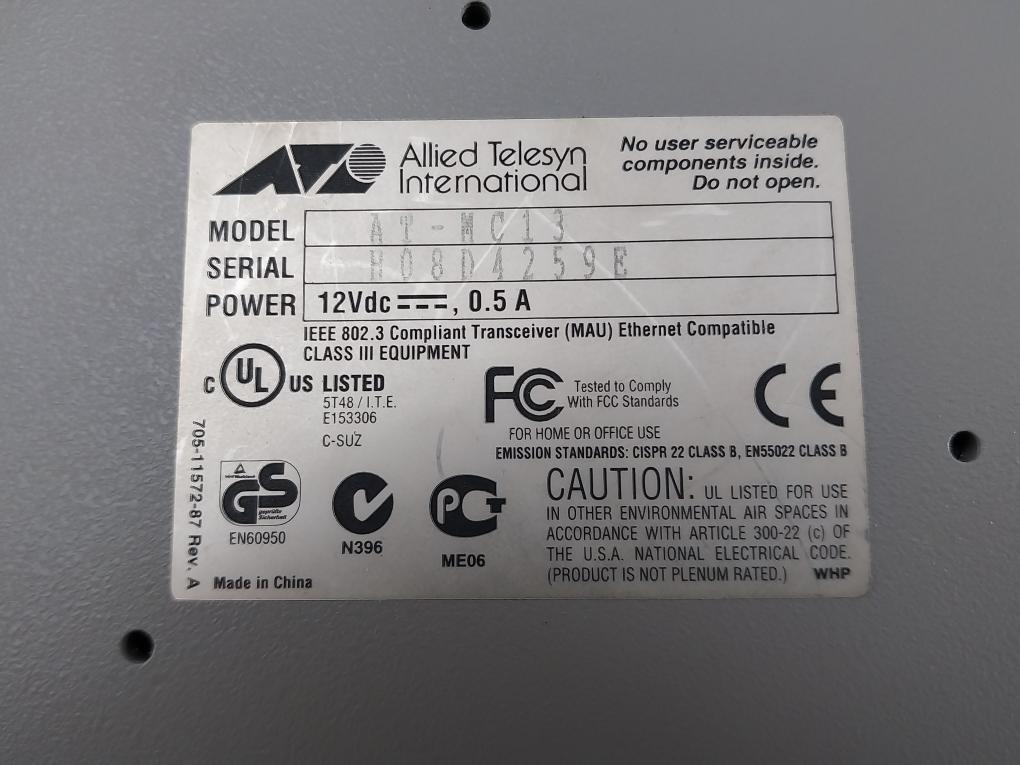 Ethernet Media Converter Rev-a Allied Telesyn At-mc13