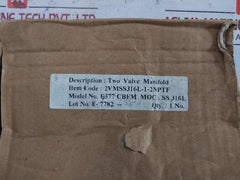 Excelock 2Vmss316L-1-2Nptf Two Valve Manifold E377 Cb Fm Ss 316L