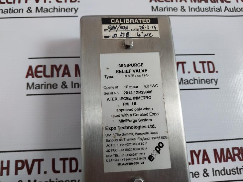 Expo Technologies Rlv25/Ss/Fs Minipurge Relief Valve New