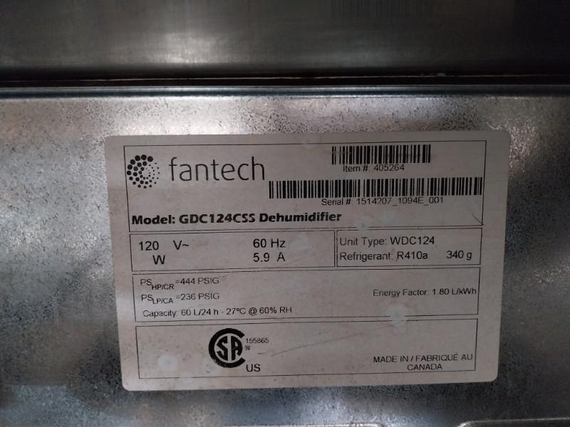 Fantech Gdc124Css Stainless Steel Dehumidifier 405264 120 V 60Hz 5.9 A