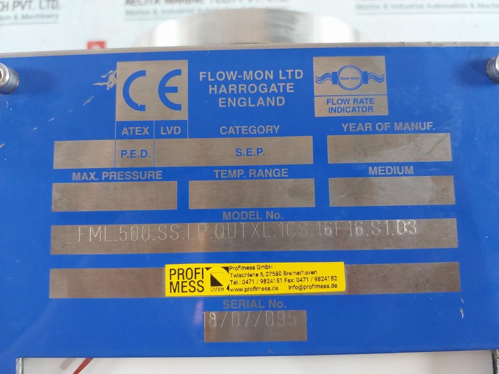 Flow-mon Fml.500.ss.lp.outxl.1cs.16f16.s1.d3 Flow Meter 0-500 Lpm