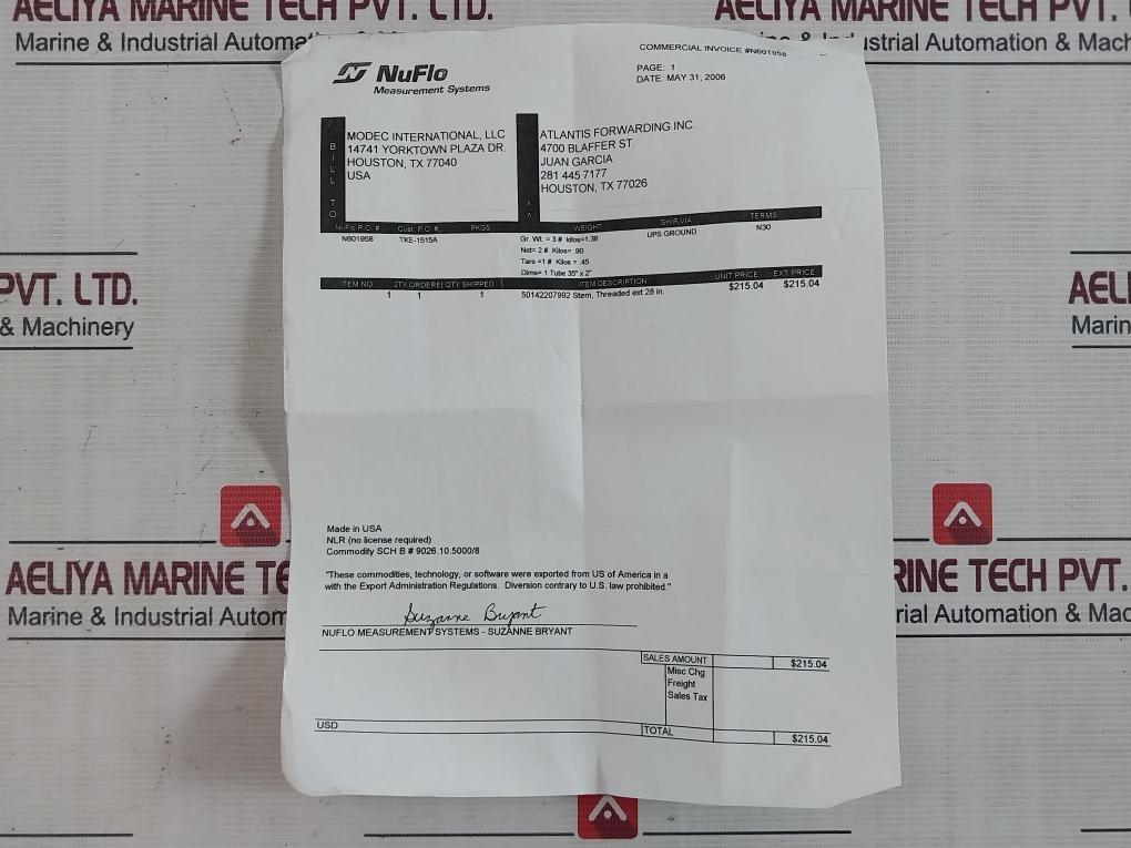 Fmc 50142207947 Delivery Tube, Stem Set For Loading/Offloading Meter