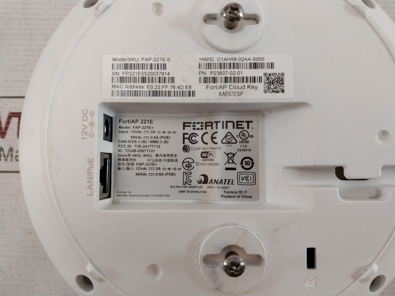Fortinet Fap-221E+ Wireless Access Point P23607-02-01 Fortiap 221E 2.4/5Ghz