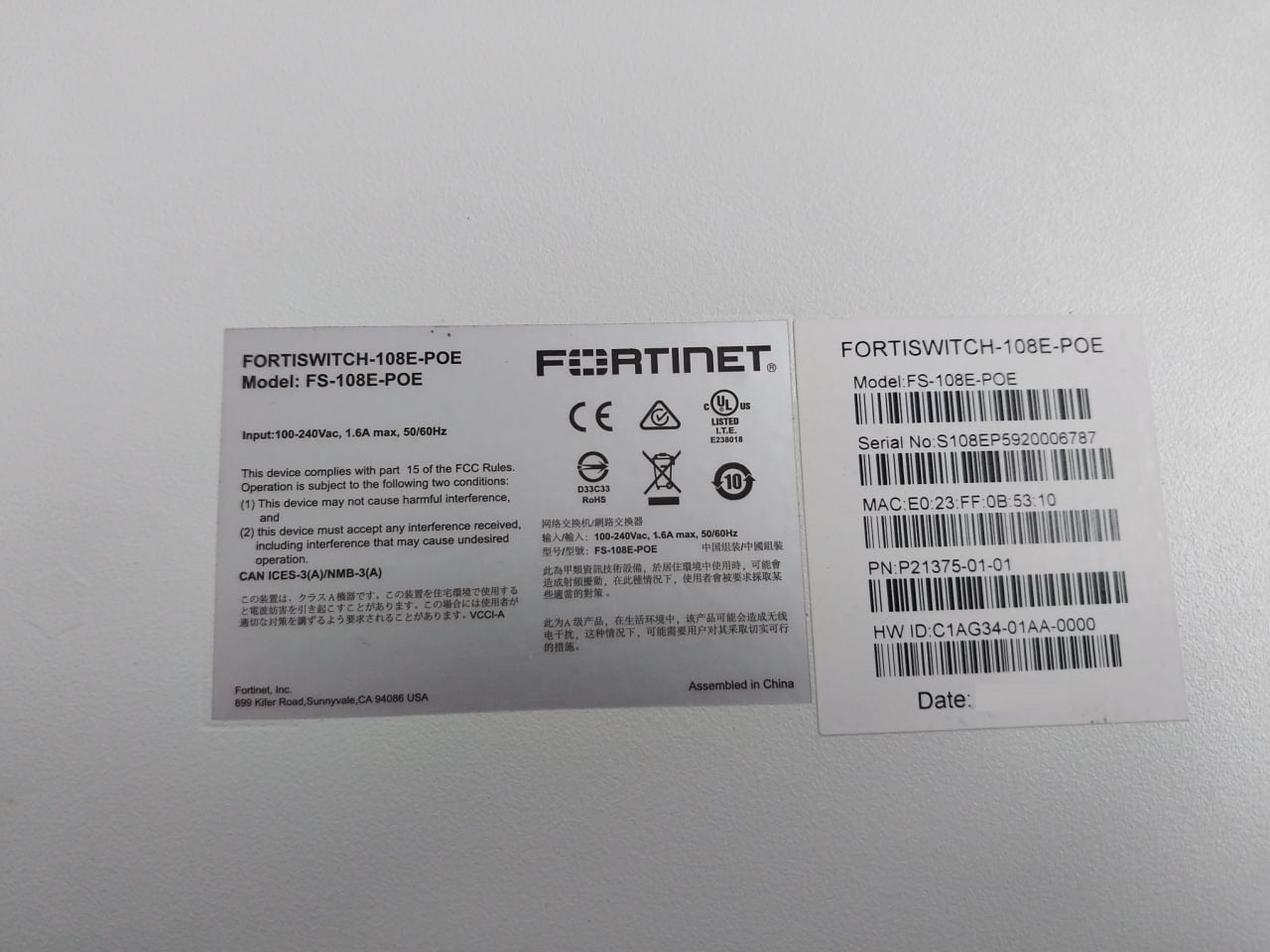 Fortinet Fs-108E-poe Ethernet Switch 100-240Vac 1.6A Max. 50/60Hz E238018