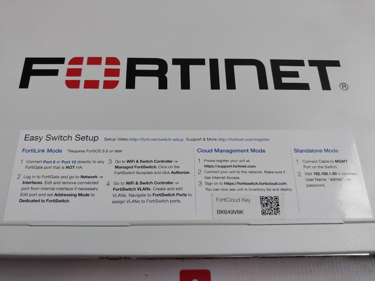 Fortinet Fs-108E-poe Ethernet Switch 100-240Vac 1.6A Max. 50/60Hz E238018