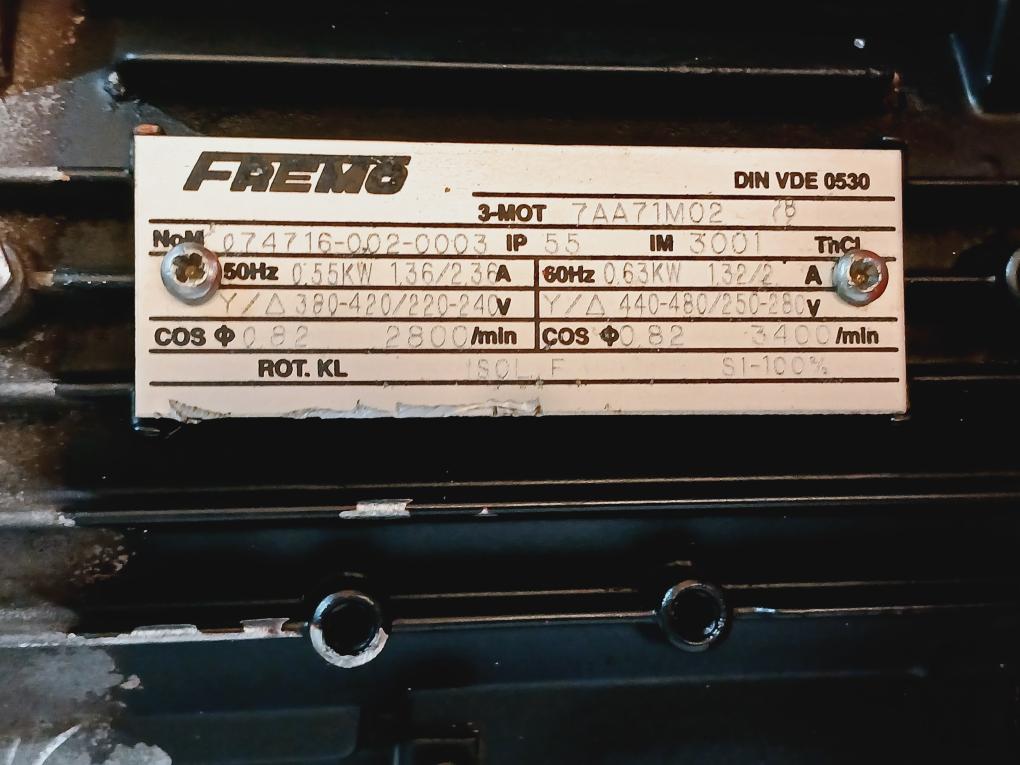 Fremo F-50-45-t Industrial Motor 50Hz, 0.55Kw, 1.36/2.36A Telemecanique Nom 0747