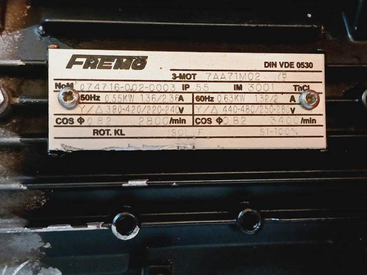 Fremo F-50-45-t Industrial Motor 50Hz, 0.55Kw, 1.36/2.36A Telemecanique Nom 0747