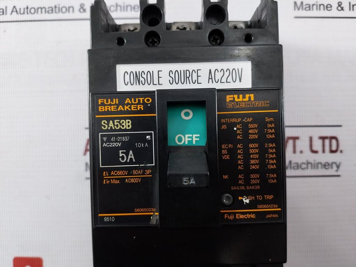 Fuji Electric Sa53B Auto Circuit Breaker 41-21637 Ac660V 50Af 3P Ac600V 5A 10Ka