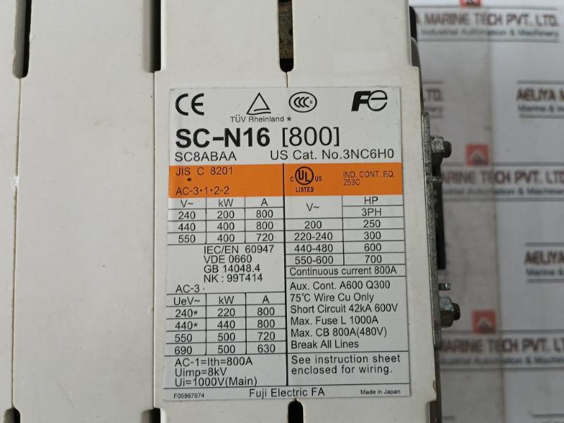 Fuji Electric Sc-n16 [800] Contactor Sc8Abaa 3Nc6H0 800A 8Kv 380-450V 50/60Hz