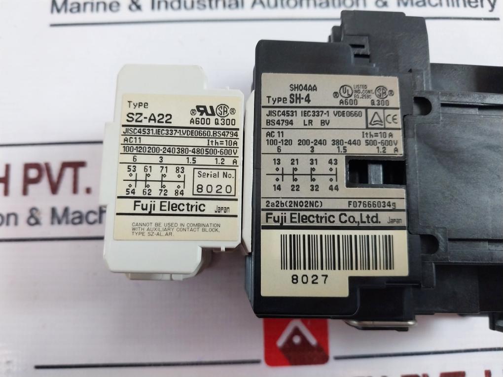 Fuji Electric SH04AA Relay With F07666034G Auxiliary Contact Block 200-220v 60hz