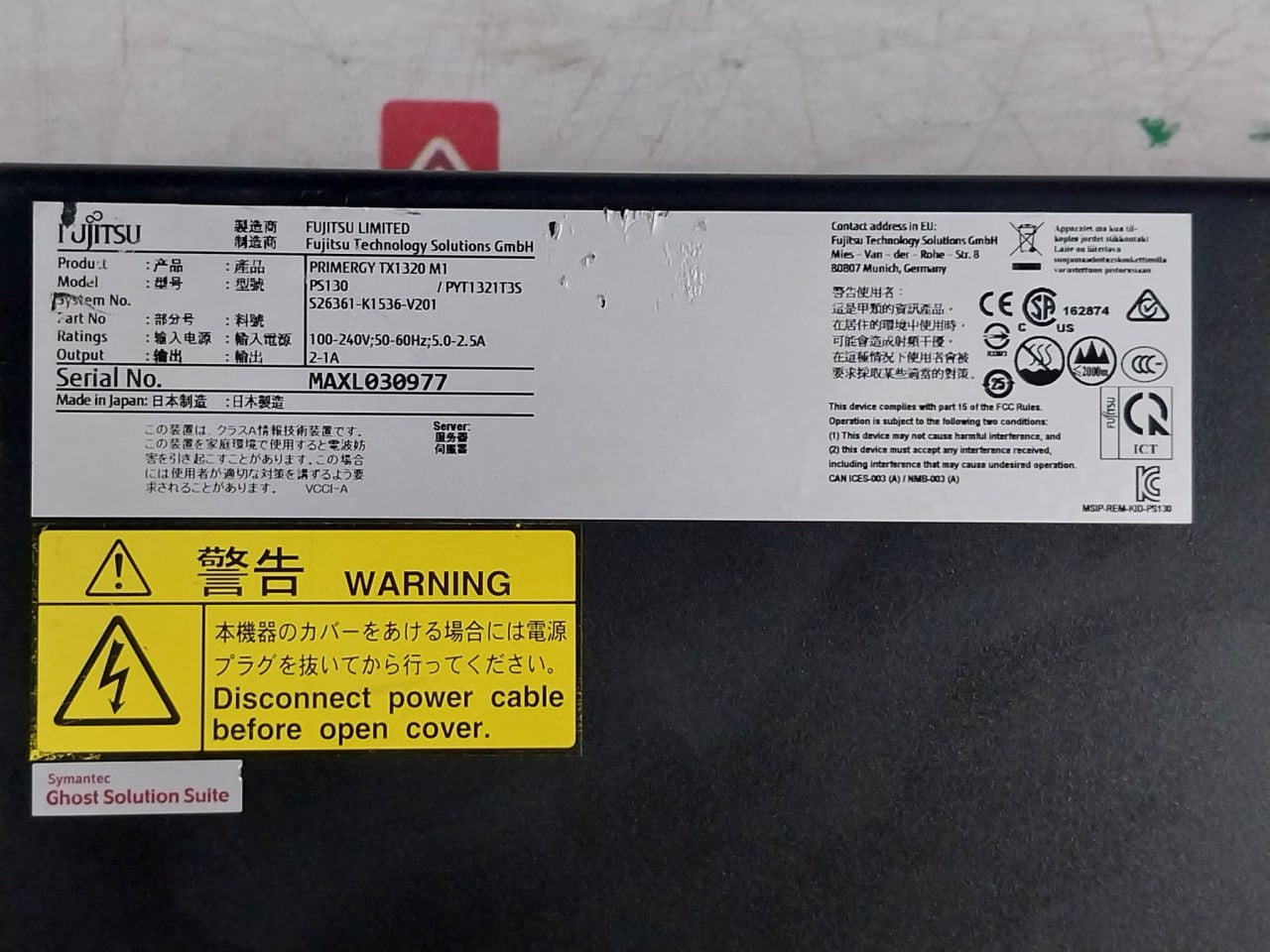 Fujitsu Primergy Tx1320 M1 Tower Server 100-240V 50-60Hz 5.0-2.5A