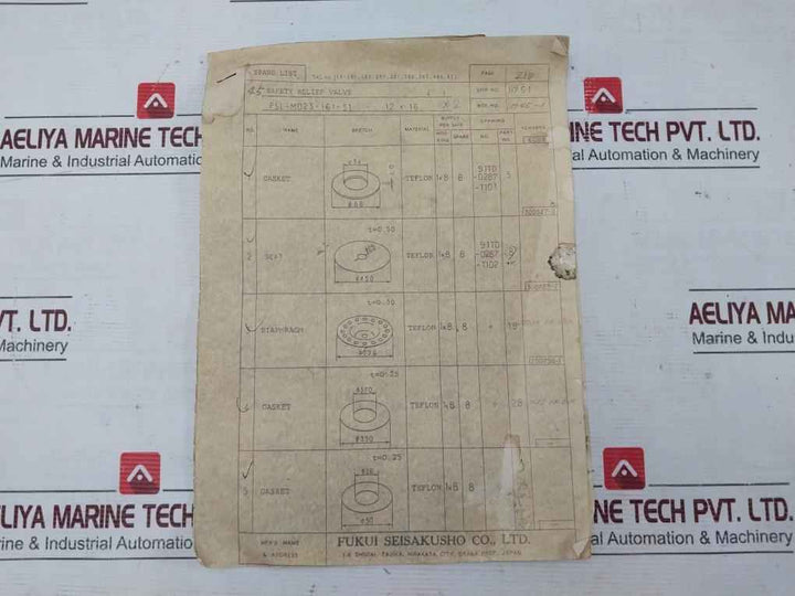 Fukui Seisakusho 34 Safety & Relief Valve M Gasket (Inlet Piece) Kit V7010