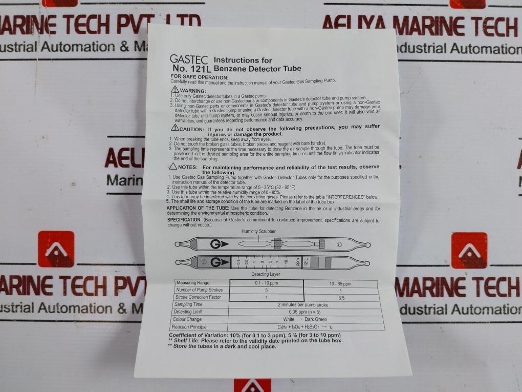 Gastec 121l Benzene Detector Tube Measuring Range 0.1-65 Scale Range: 0.1-10