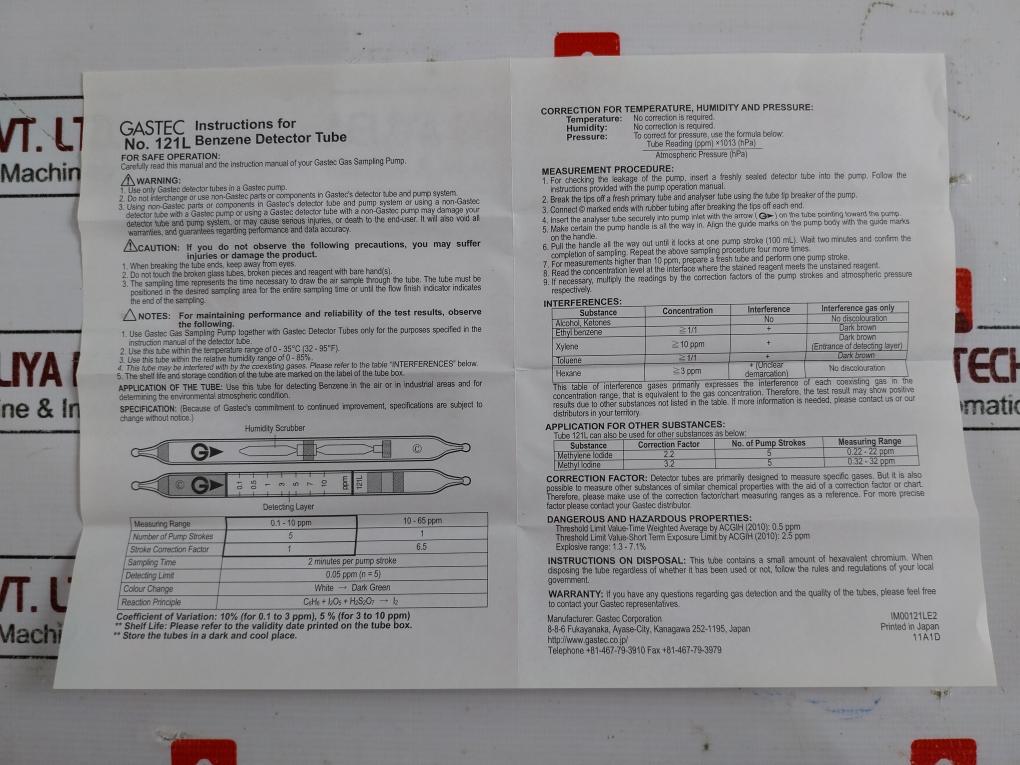 Gastec 121l Benzene Detector Tube Measuring Range 0.1-65 Scale Range: 0.1-10