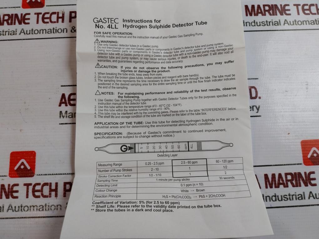 Gastec 4ll Hydrogen Sulphide Detector Tube Measuring Range 0.25-120 Scale Range (2.5)-60 00290