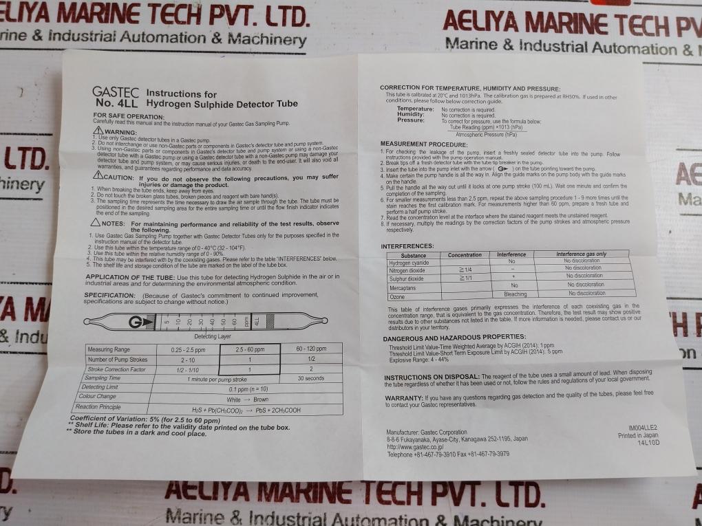 Gastec 4ll Hydrogen Sulphide Detector Tube Measuring Range 0.25-120 Scale Range (2.5)-60 00290