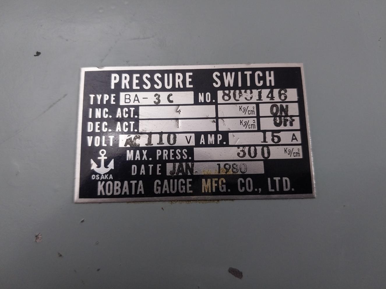 Ba-3C Pressure Switch 300 Kg/Cm2 Kobata Gauge Ac 110 V