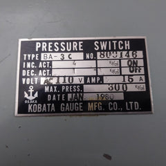 Ba-3C Pressure Switch 300 Kg/Cm2 Kobata Gauge Ac 110 V