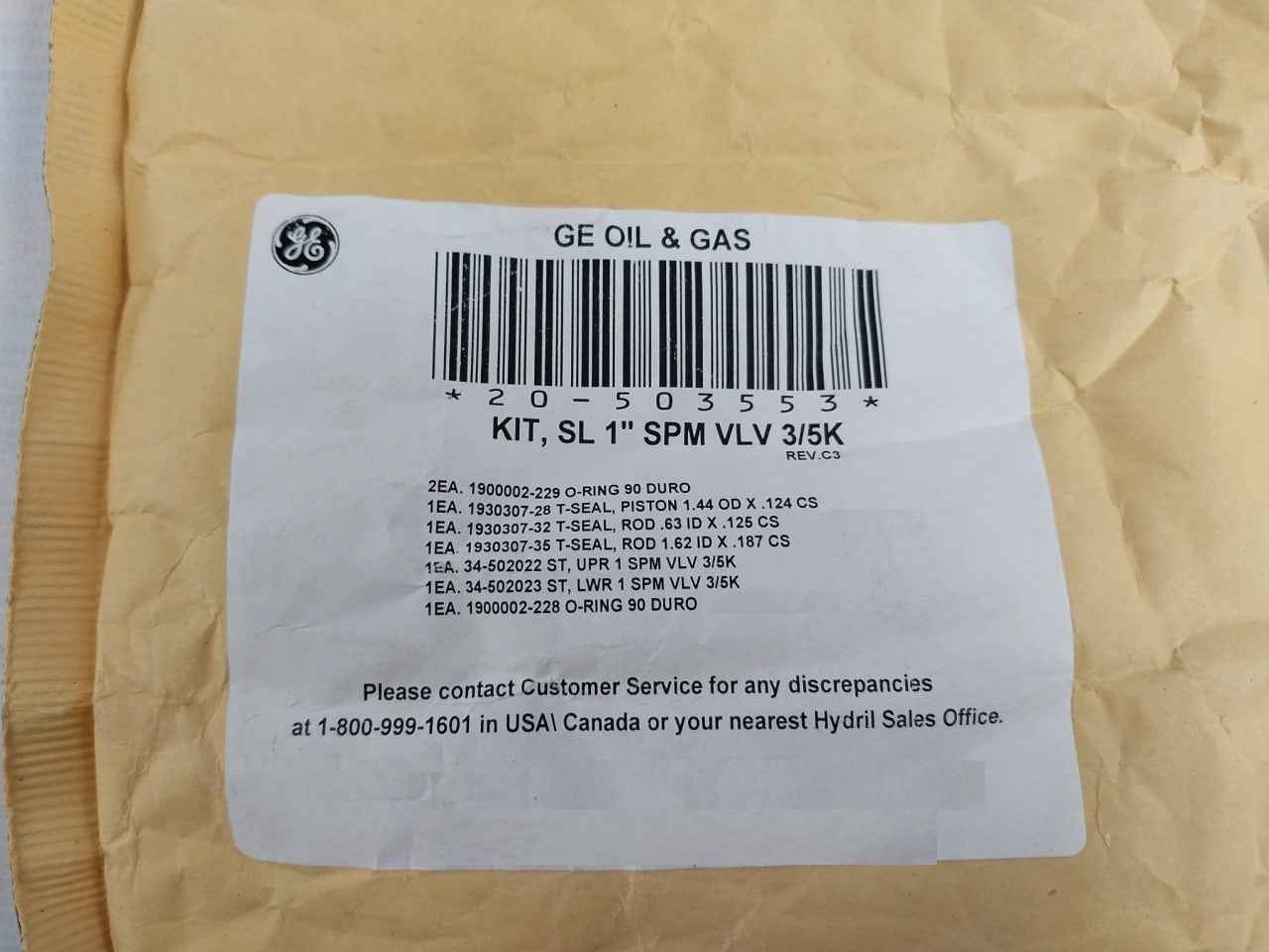 Ge 20-503554-90 Valve Repair Kit (Without Inner Or Outer Springs) Rev C3