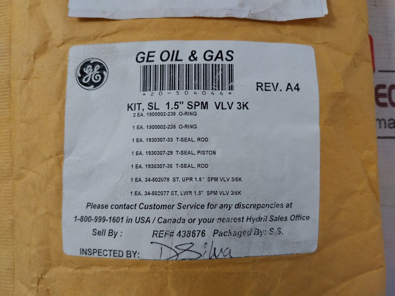 Ge 20-504046 Seal Kit For Spm Valve Assy 1.5 In. 3K Psi Rev.A4