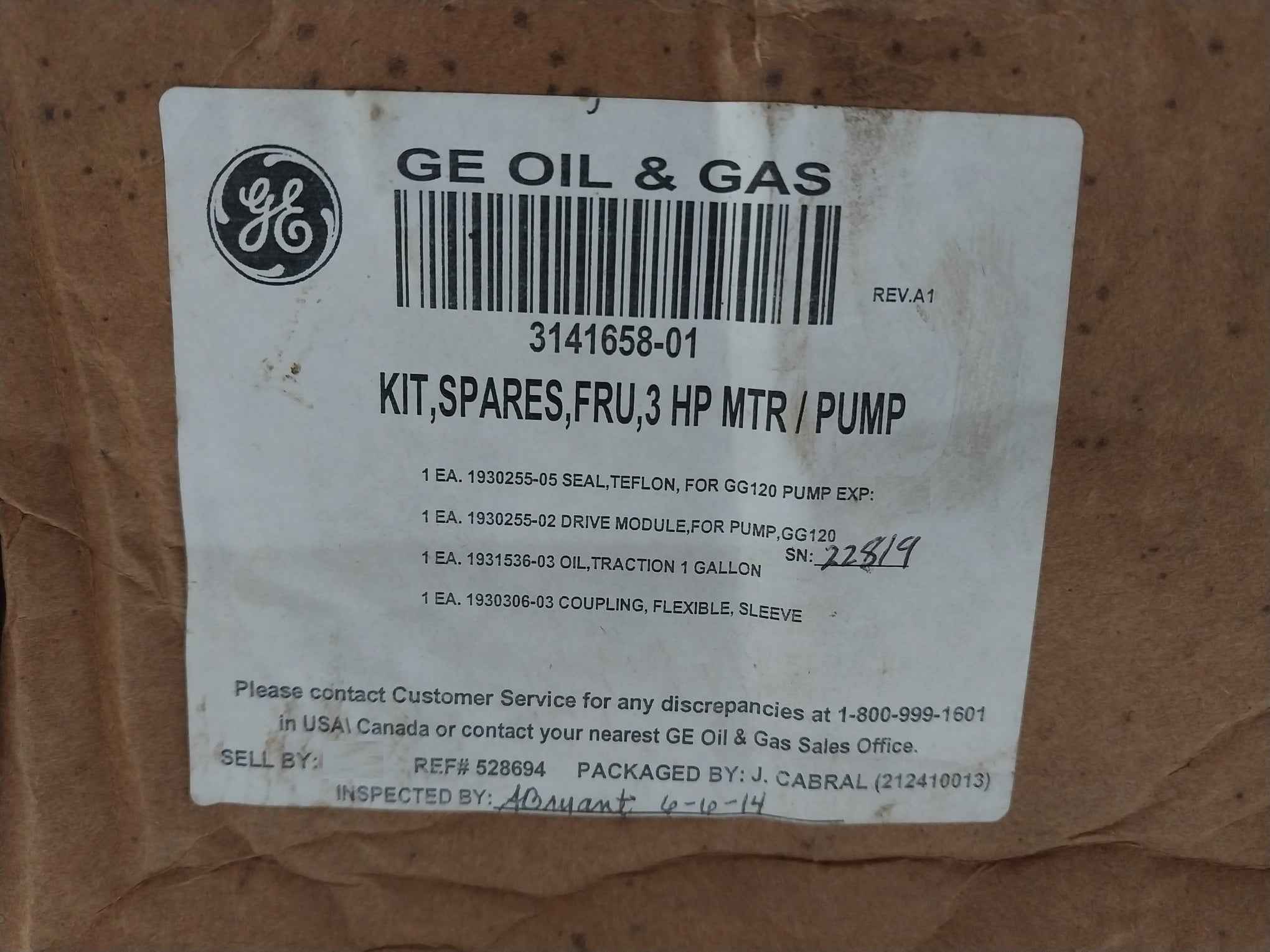 Ge 3141658-01 Pump Spare Kit S-flex Coupling Size 6 Seal Sleeve Rev A1