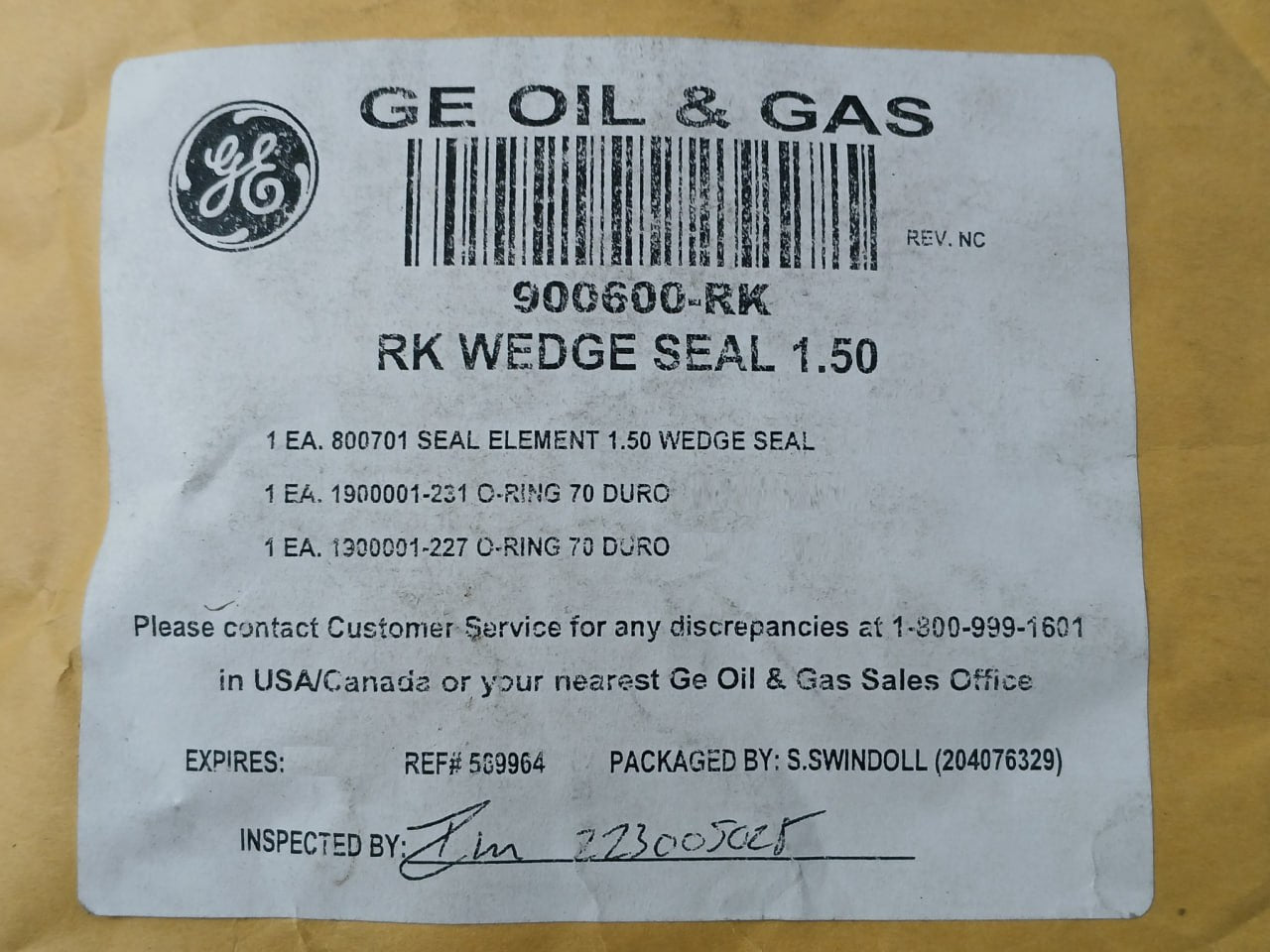 Ge 900600-rk Repair Application Bop Kit – Wedge Seal 1.50 Pol Rev: Nc