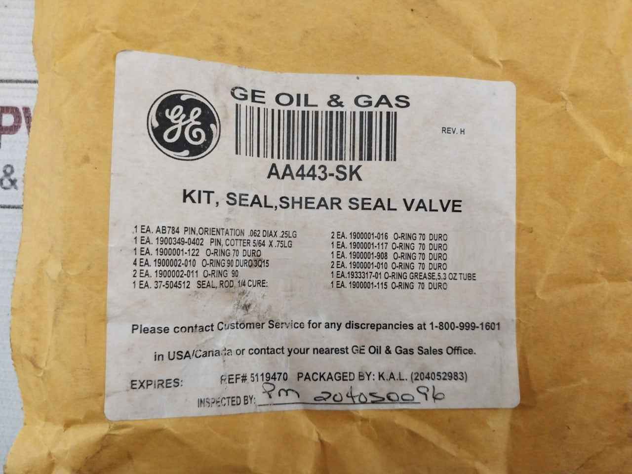 Ge Aa443-sk Shear Seal Valve Kit O-ring 70 Duro Rev: H 1900002-011