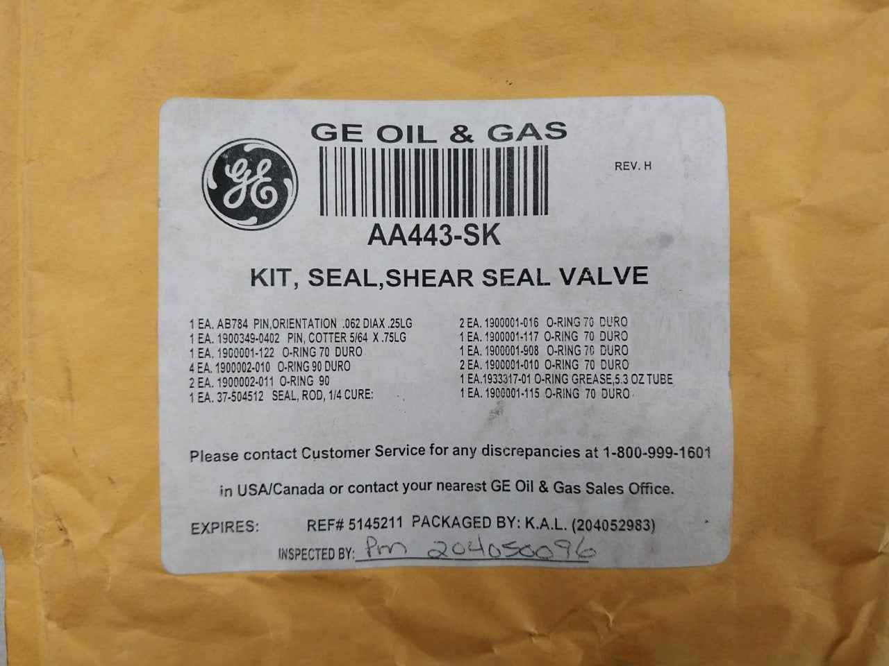 Ge Aa443-sk Shear Seal Valve Kit O-ring 70 Duro Rev H 37-504512