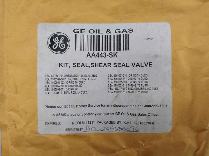 Ge Aa443-sk Shear Seal Valve Kit O-ring 70 Duro Rev H 37-504512