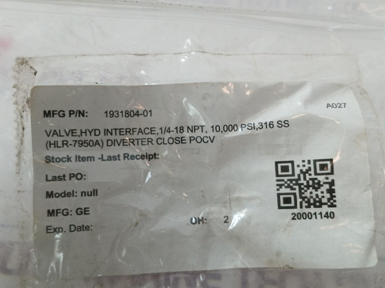 Ge Hlr 7950A Hydraulic Interface Valve 1931804-01