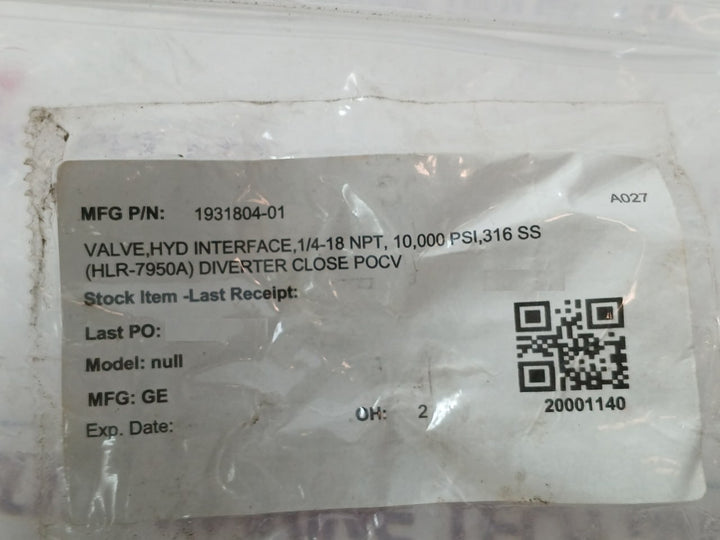 Ge Hlr 7950A Hydraulic Interface Valve 1931804-01