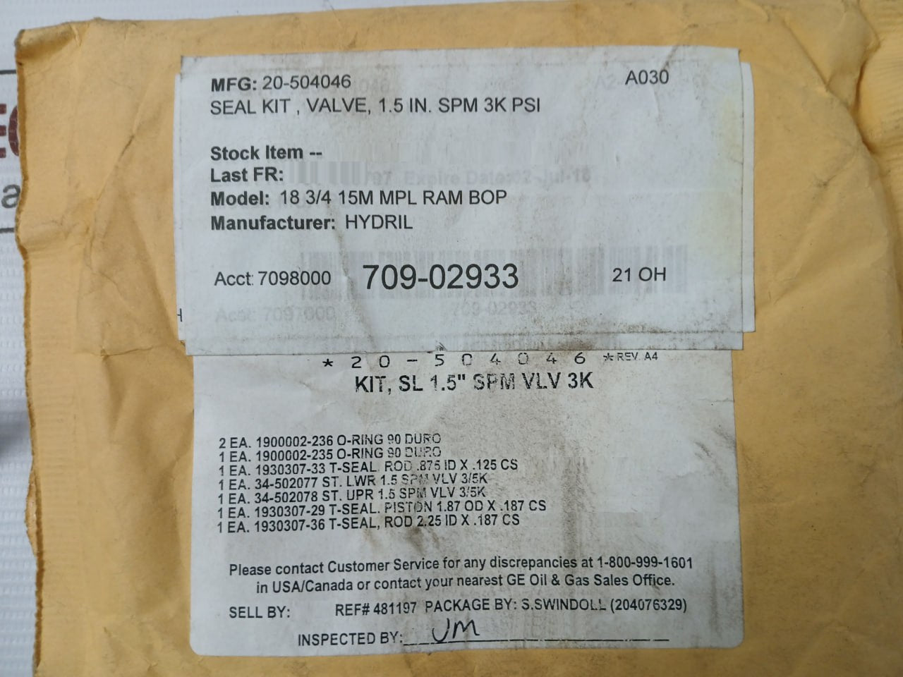 Ge Hydril 20-504046 Seal Kit For Spm Valve 3K Psi 1.5 In. Rev.A4