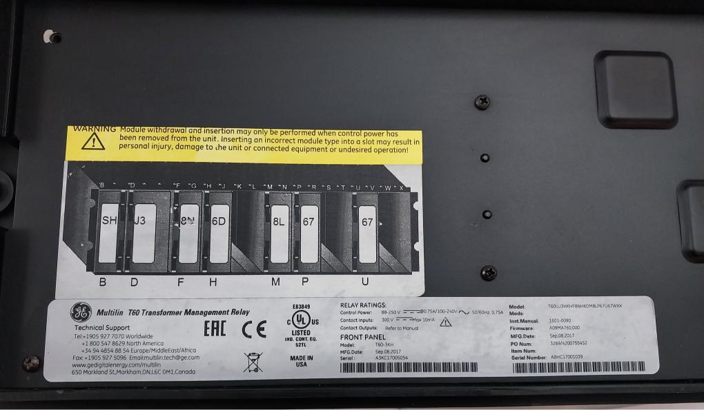 Ge Multilin T60 Transformer Protection System Part No: T60Uj3Hkhf8Nh6Dm8Lp67U67Wxx, 300V