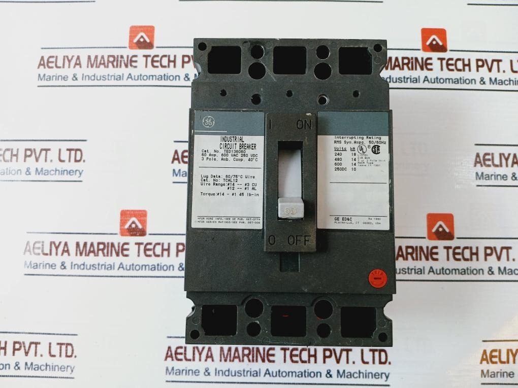 Ge Ted136060 Industrial Circuit Breaker 60 Amp 600 Vac 250 Vdc