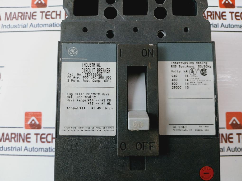 Ge Ted136060 Industrial Circuit Breaker 60 Amp 600 Vac 250 Vdc