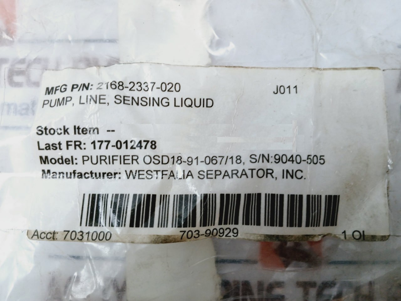 Gea Westfalia 2168-2337-020 Sensing Liquid Pump Separator