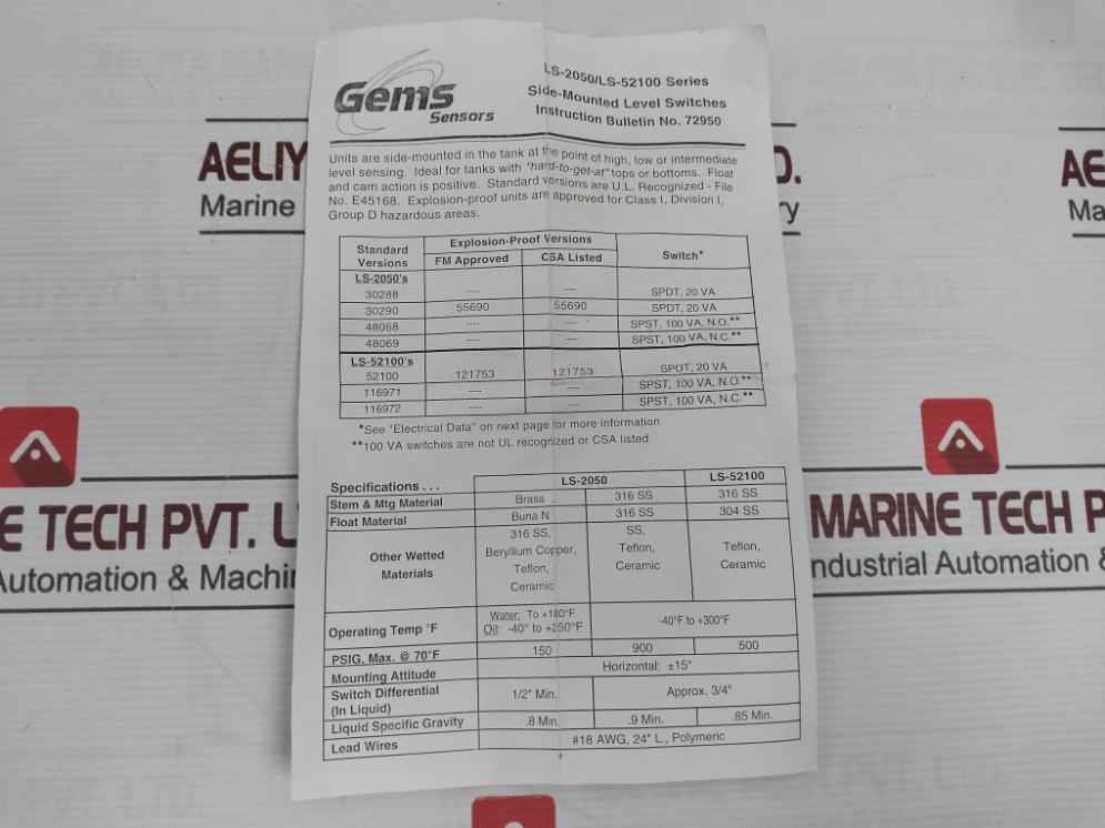 Gems Ls-2050 W/Ep Side-mounted Level Switch 6205Kpa Rev.B 316Ss 180°F