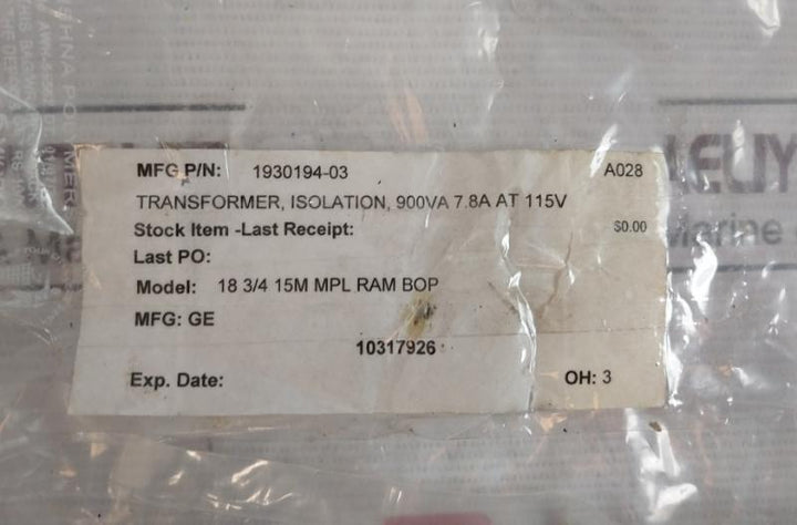 General Electric 1930194-03 Signal Transformer Mpi-900-230 900Va 115V 3.9A