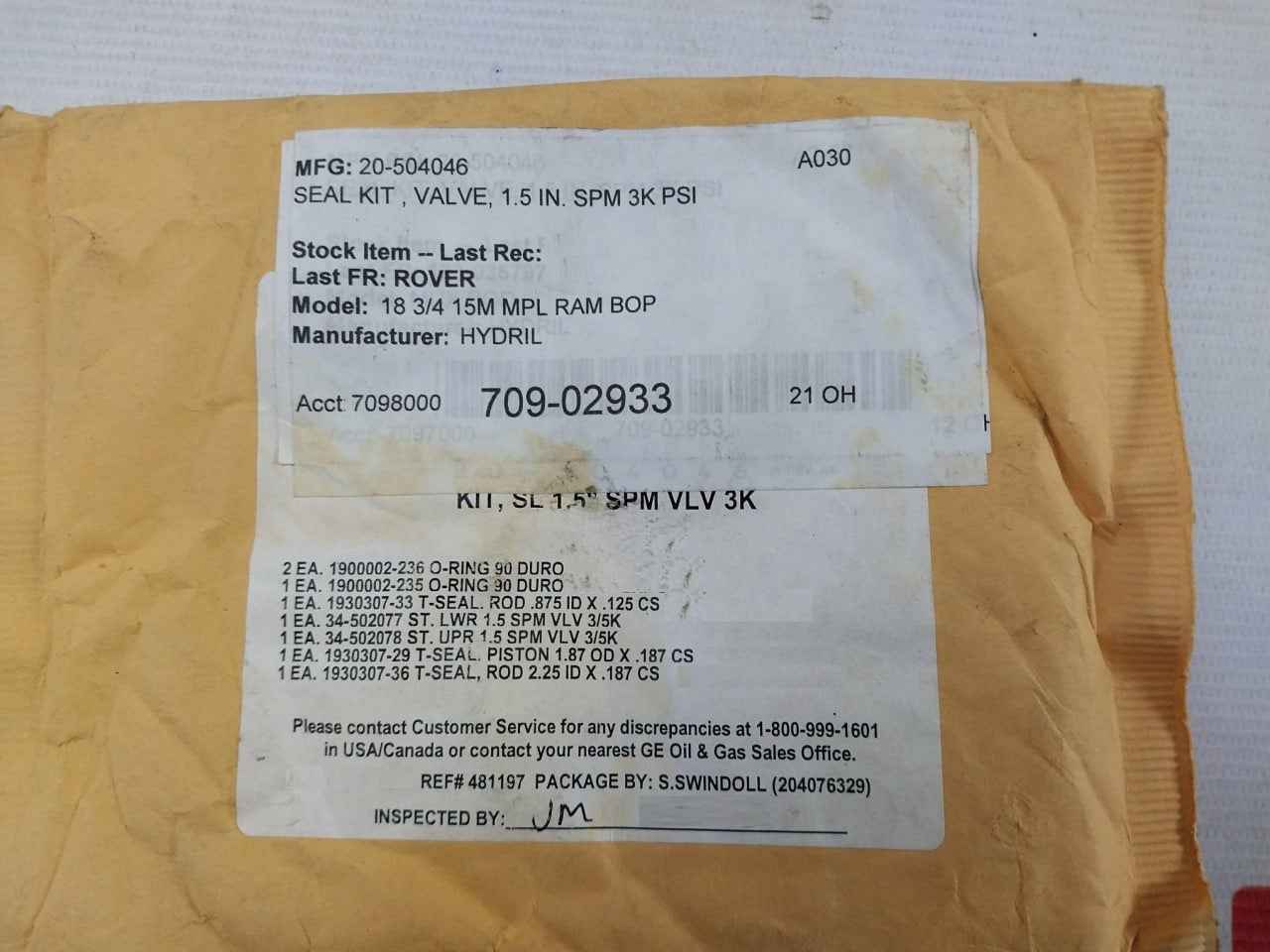 General Electric 20-504046 Spm Valve Seal Kit A030 Nd6Lgx3102 Rev.A4