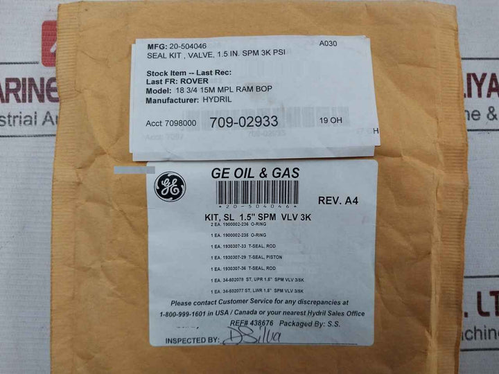 General Electric 20-504046 Spm Valve Seal Kit A030 Nd6Lgx3102 Rev.A4
